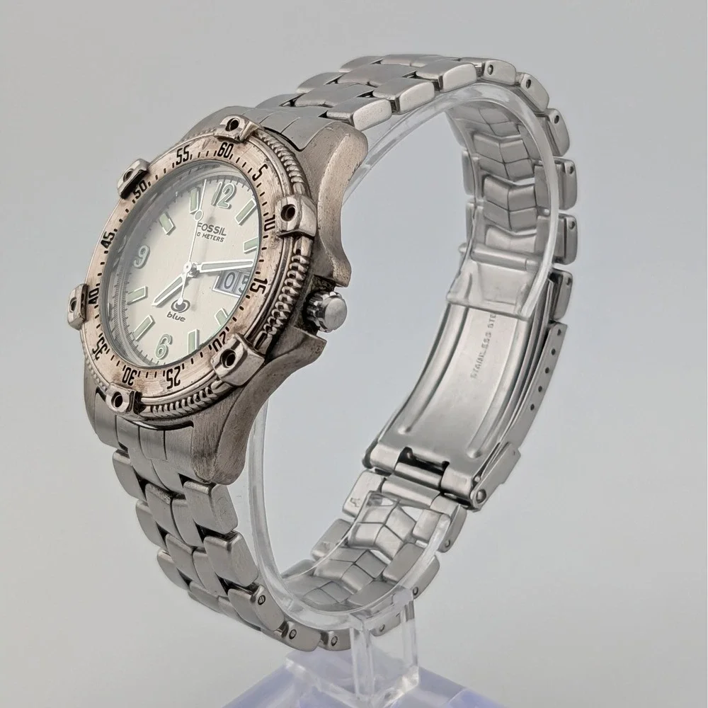 Fossil Blue AM-3252 Big Date SS Diver Watch Rotating Bezel Lume 40mm 8